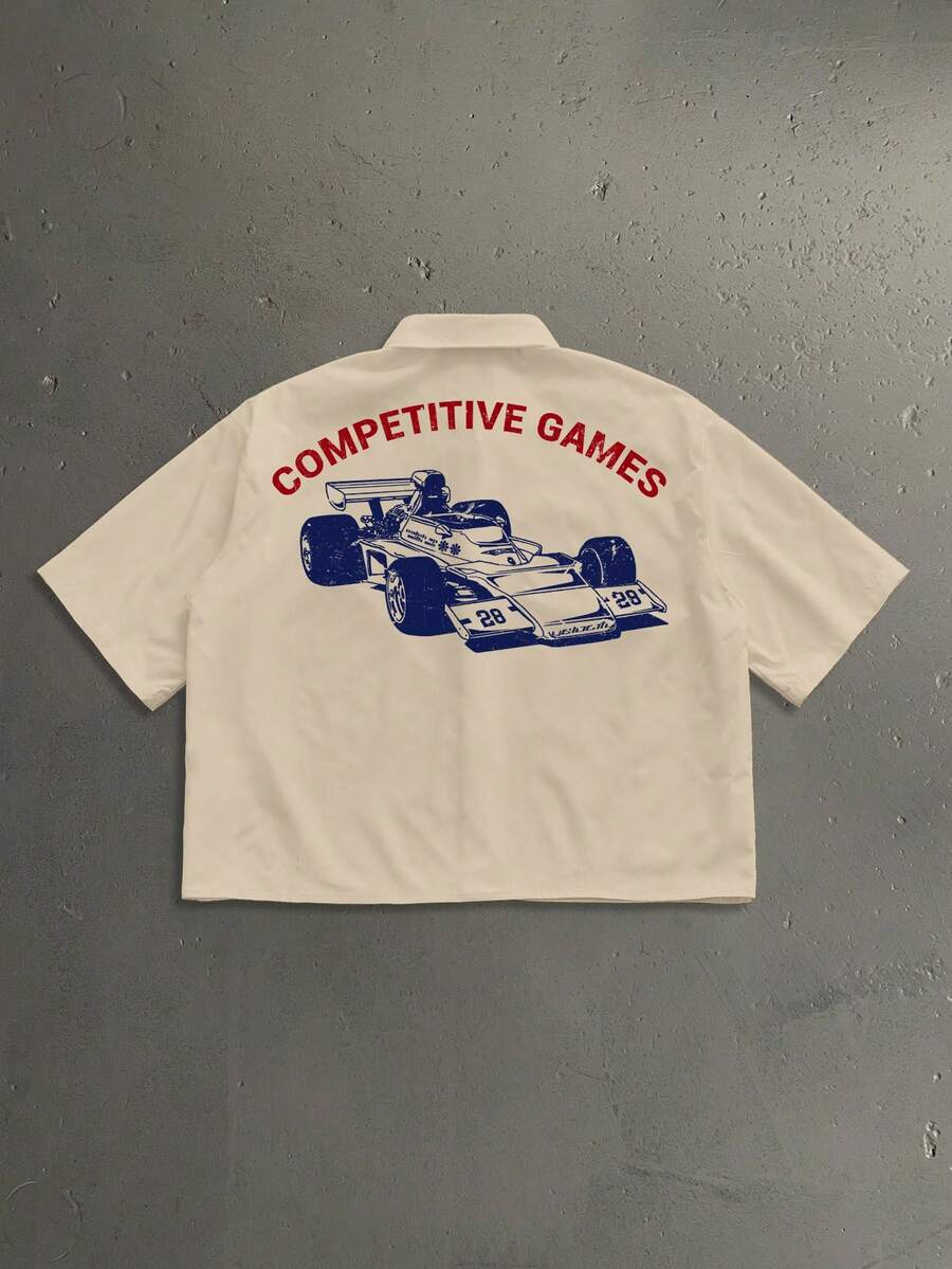 StoneGrade F1赛车元素时尚印花男士标准尺码宽松短袖衬衫，约会聚会必备，时尚单品，送给男友的理想礼物 - 卡其色 - 查看 1