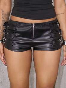 Rayane Ketlyn Y2k Black Tight Fit PU Low-Waist Decorated Ultra-Short Shorts Rave Festival Outfits - Black - View 3