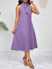 SHEIN Lady 领口饰以立体花朵荷叶边。橙色中长连衣裙。优雅女士宽松休闲风。春夏度假必备。波西米亚风。 - 淡紫色 - 查看 4