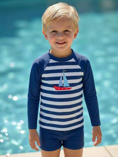 PrepCrw Conjunto de traje de baño de 2 piezas para niños pequeños con estilo elegante y urbano, con parte superior de manga larga de punto con bloques de color azul y blanco a rayas y pantalones cortos azul marino, adecuado para vacaciones casuales, playa, piscina, primavera y verano