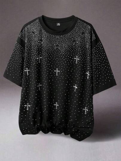 STYNVO 1枚 メンズカジュアルルーズフィット半袖Tシャツ、ブラック、ラインストーンデコレーション、オーバーサイズボックスシルエット、大人のストリートウェア、通勤、デイリー着用、彼氏/夫へのプレゼント、カップルコーデに適しています