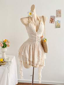 Soleia Romantic Vacation Halter Knit Mesh Blue Printed Dress For Women - Beige - View 3