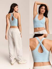 GLOWMODE FeatherFit™ Crossover Straps Cutout Back Deep V Neck Tank Top Low Impact Yoga Daily Fall Winter - Baby Blue - View 7
