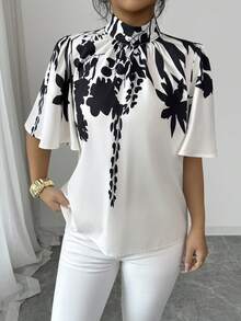 SHEIN Raffinéa Áo kiểu nữ thanh lịch kiểu Pháp in hoa, cổ cao, tay bồng, thích hợp cho kỳ nghỉ hè. - Màu be - Xem 7