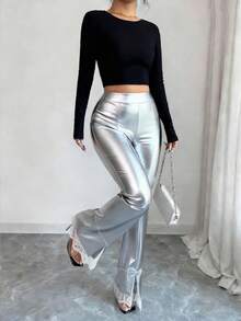 Elenzga Women's Contrast Lace Flared Hem Slit Leggings, Fashionable For Party - Silver - View 4