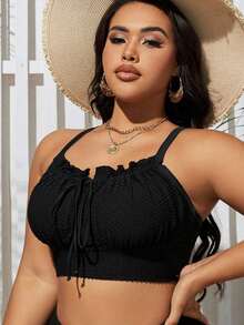 Swim Lushoire Plus Size Women's Solid Color Textured Frill Trim Tie Front Swimwear Top, Summer Beach - Black - View 3