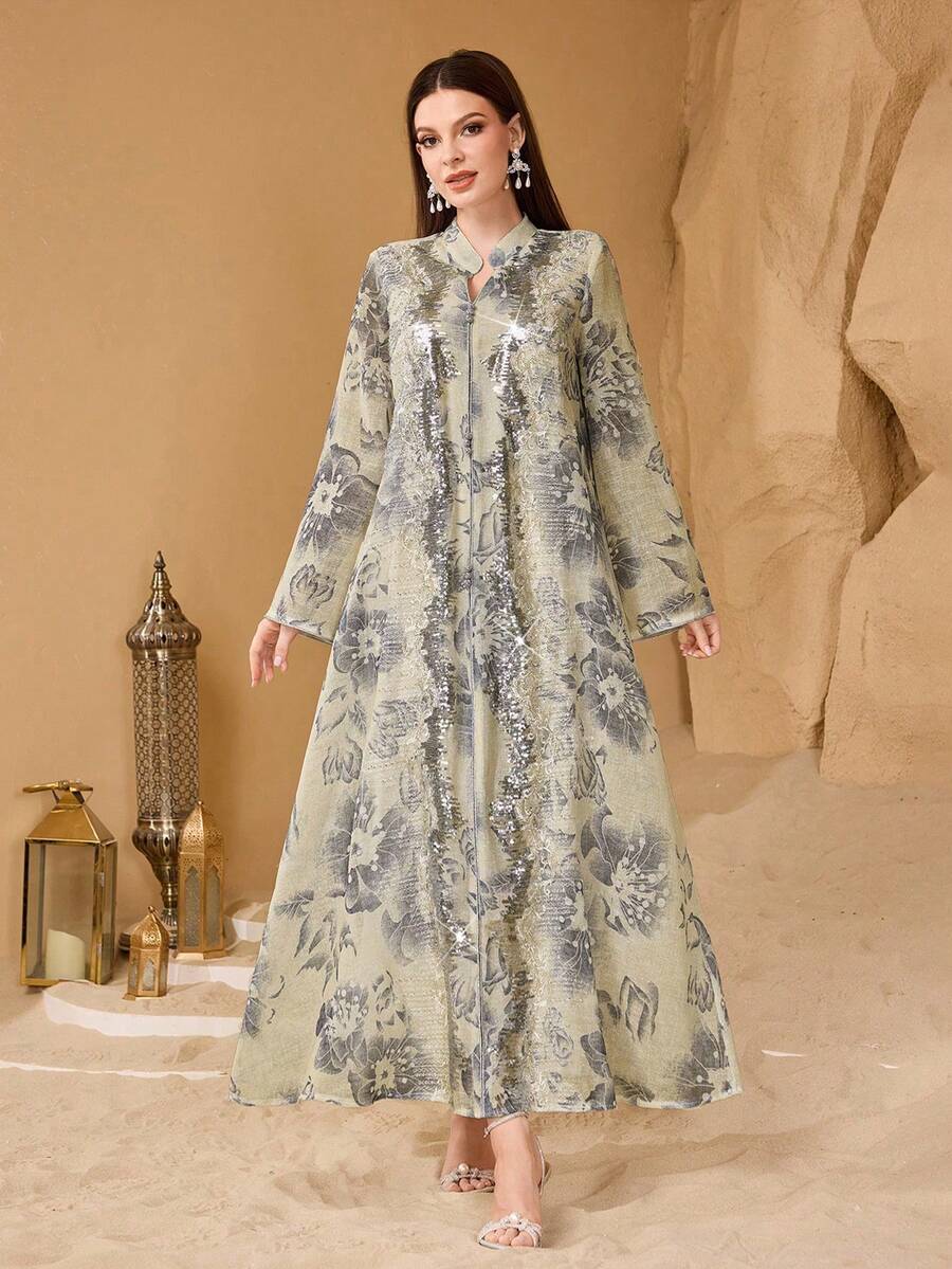 SHEIN Najma 优雅刺绣拼接宽松印花舒适女式连衣裙 - 杏色 - 查看 1