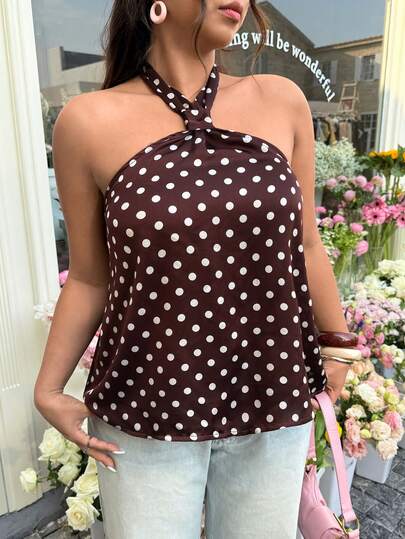 GalTyme Plus Size Women's Vintage Casual Beach Vacation Polka Dot Print Tie Front Halter Top,Summer Holiday Outfits,Spring Break Outfits,Carnival Women Look 2026,Going Out Outfits,Elegant Party Outfit,Chocolate Brown, Going Out Tops