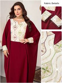 Al Najma Embroidered V-Neck Batwing Dress, Spring/Summer - Burgundy - View 5