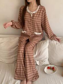 DAZY Bộ đồ ngủ 2 món gồm áo khoác cardigan dài tay và quần dài, phối ren và họa tiết kẻ caro, dành cho nữ, mùa thu. - Màu Khaki - Xem 8