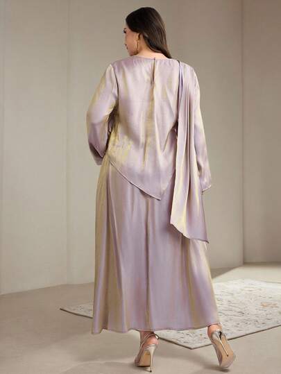 Veilorie Conjunto conservador árabe de camisa de manga larga de un solo color con bajo asimétrico y falda midi para mujer de talla grande