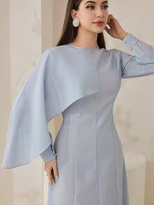 Veilorie Women's Elegant Solid Color Asymmetrical Cape Sleeve Waist Cinched Arabic Style Dress, Suitable For Spring And Autumn - Blue - View 8