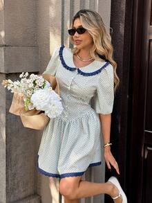 SHEIN PariChic 复古波点彼得潘领连衣裙，泡泡袖半袖，收腰A字廓形，撞色蕾丝边饰，甜美青春短款连衣裙 - 彩色 - 查看 1