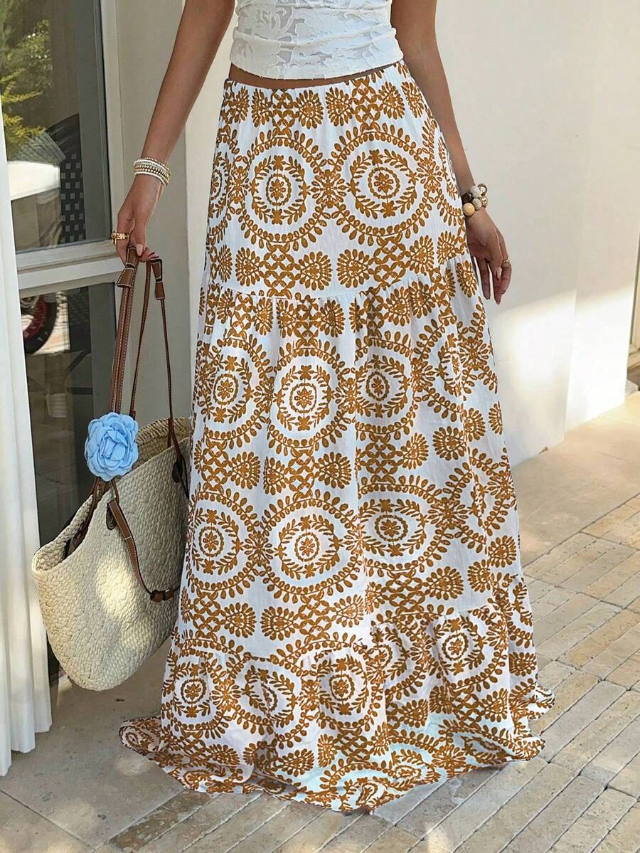 SHEIN Tall Women's Casual Vacation Elegant Daily Versatile Fashion Print Low Waist Skirt, Spring/Summer - Yellow - View 1