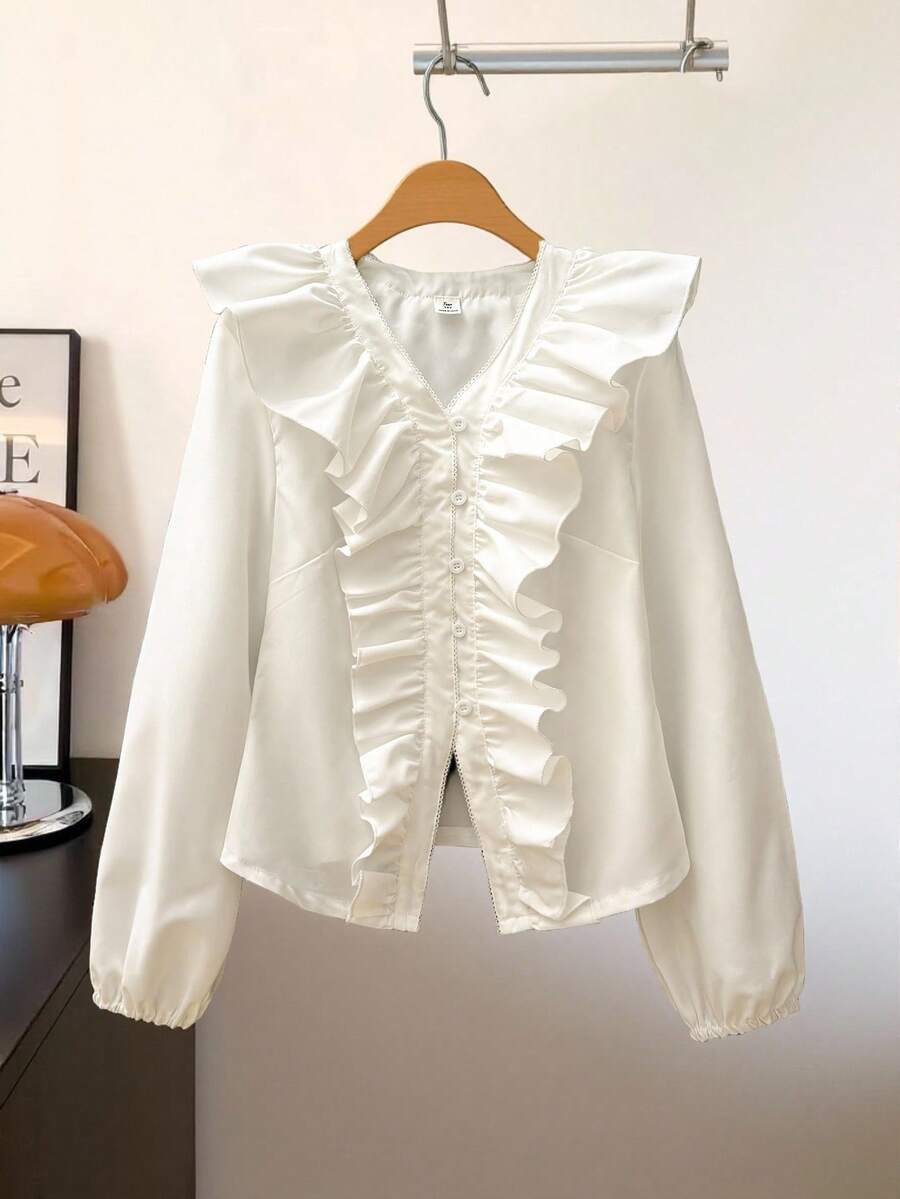 Elegant & Cute Waist Cinched Ruffle Hem Long Sleeve Blouse For Teenage Girls - White - View 1