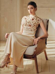 Anewsta 女士优雅中长款鱼尾裙连衣裙，刺绣拼接缎面连衣裙，适合节日、音乐会等场合 - 杏色 - 查看 3