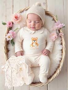 SHEIN 4件套爱心熊碎花连体衣套装 - 米色 - 查看 4