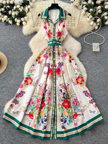 Franclia Casual Vacation Shirt Collar Sleeveless Printed Pattern Dress For Women - Multicolor - View 3