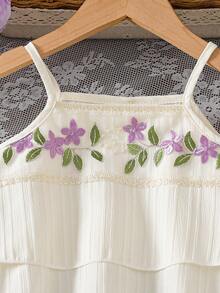 两件套少女甜美温柔风格杏色吊带背心+阔腿裤，精致紫色花朵和绿色叶子刺绣休闲套装 - 杏色 - 查看 4