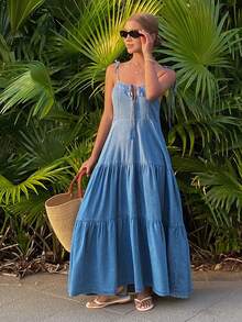 DAZY Women's Lace-Up Cake Skirt, Casual Sleeveless Long Denim Dress - Medium Wash - View 5