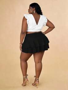 CurvyTilda Plus High Waist Two Layer Hem Skort - Black - View 2