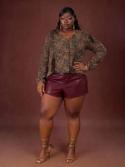 CurvyTilda Plus Size Women Leopard Print V-Neck Lantern Sleeve Loose Fashion Blouse, Fall And Winter Leopard Print Top Cheetah Print Top Brown Blouse Lantern Sleeve Blouse V Neck Blouse