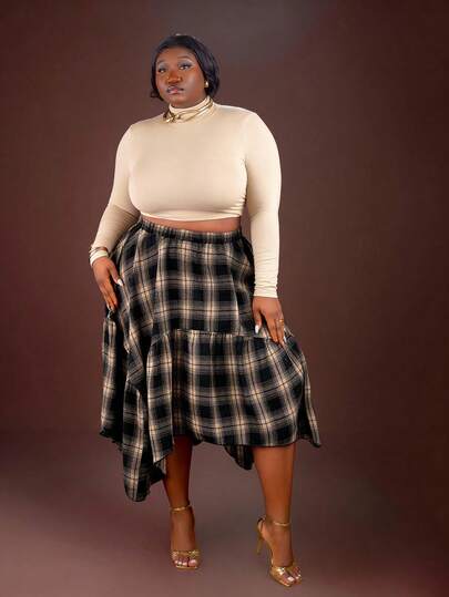 CurvyTilda Plus Size Casual Khaki Knit Turtleneck Long Sleeve T-Shirt Turtleneck Top High Neck Top Nude Top