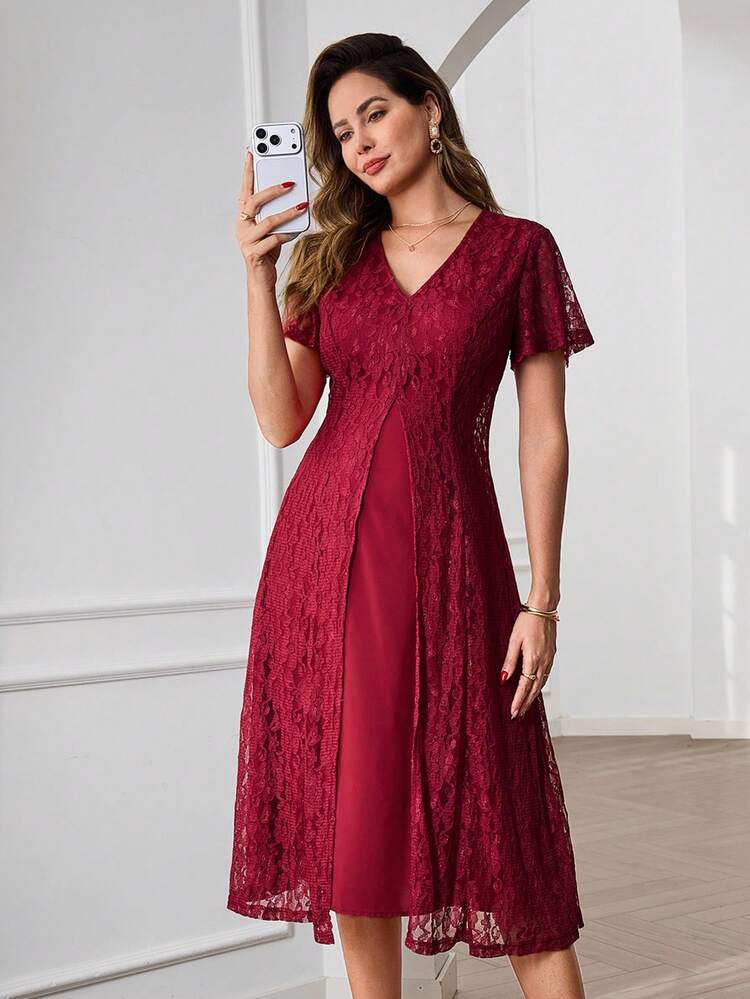 Luxury Elegant Burgundy Lace Overlay Midi Dress For Women – V-Neck Short Sleeve Floral Lace Dress, Perfect For Summer & Spring, Ideal For Wedding Guest, Party, Prom, Birthday