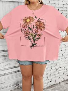 SHEIN CURVE+ 大码女式度假圆领短袖宽松T恤，杏色度假图案波西米亚风度假T恤 - 粉色 - 查看 5