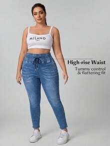 SHEIN Essnce 大码纯色简约休闲牛仔裤 - 藍色 - 查看 3