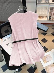 Lyxana Women's Solid Color Ribbed Pearl Knit Tank Top, Autumn/Winter - Pink - View 2
