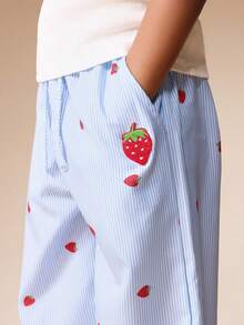 SUMWON Girls Wide Leg Striped Palazzo Pants With Strawberry Print Elastic Waist Summer Casual Bottoms Kids Lightweight Pants Vacation - Blue - View 5