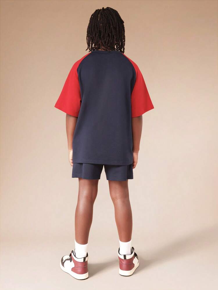 Navy Red Raglan T-Shirt With Shorts Set