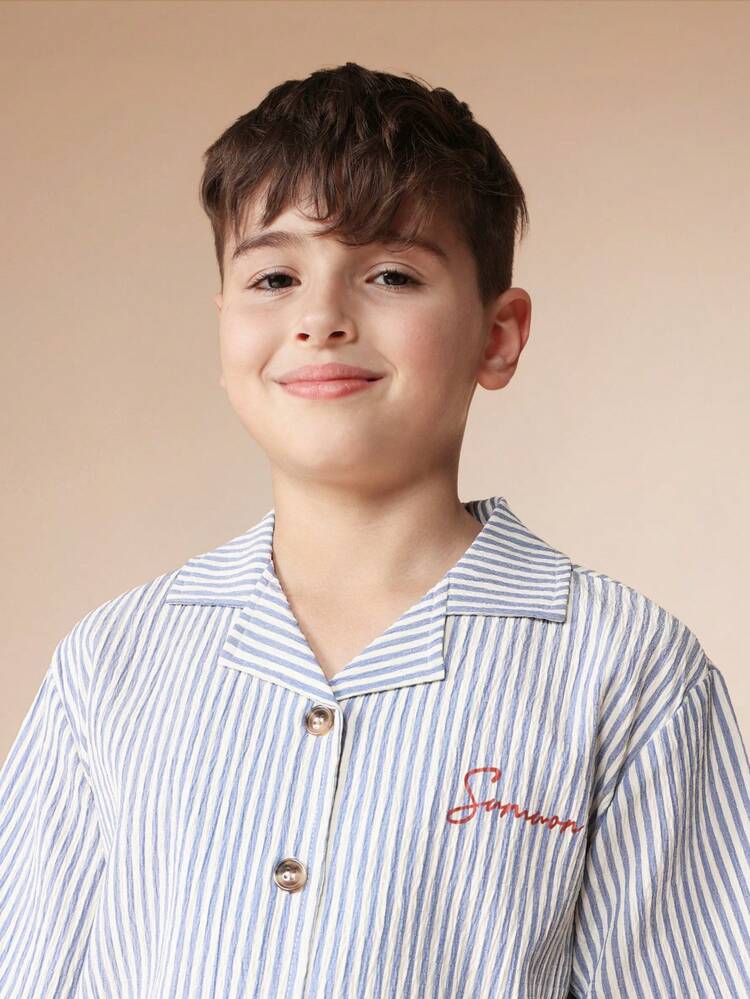 Striped Shirt And Shorts Set With Button Front