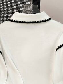 GlowEve Women's Floral Trim Polo Collar Short Sleeve Casual Versatile T-Shirt - White - View 6