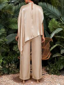 SHEIN Lady 女士度假纯色高领衬衫和阔腿裤时尚两件套 - 藕粉色 - 查看 2