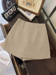 Franclia Double Layer Split Hem Wool-Blend A-Line Skort, Thick And Anti-Exposure - Khaki - View 3