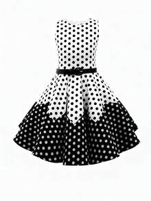 Franclia 女士黑白波点波浪拼接休闲无袖喇叭中长连衣裙，春夏款 - 黑與白 - 查看 1