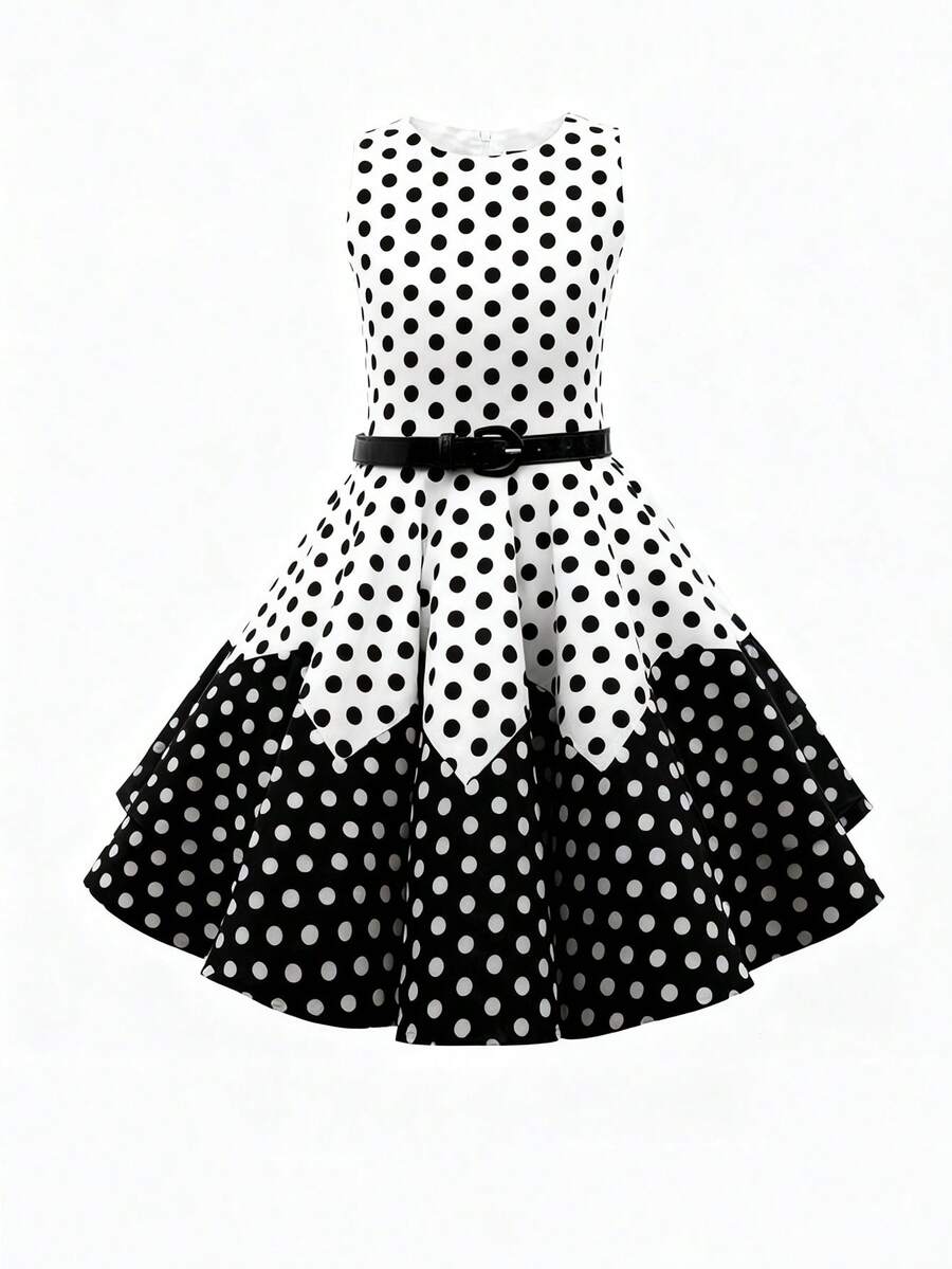 Franclia 女士黑白波点波浪拼接休闲无袖喇叭中长连衣裙，春夏款 - 黑與白 - 查看 1