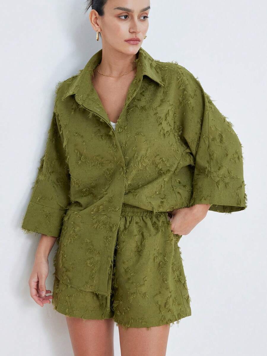 Aveloria Modichic Casual Semester Mångsidig Jacquard Tassel Tyg Design Lapel Button Lös Skjorta & Resårmidja Dragsko Shorts Set, Grön, Lämplig För Semester, Picknick, Pendling - Grön - Visa 1