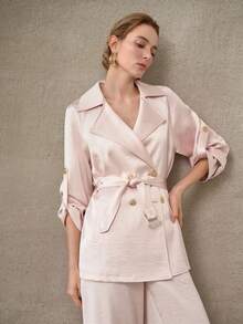 MOTF PREMIUM SATIN SOLID LAPEL COLLAR DOUBLE BREASTED PLACKET ROLL TAB SLEEVE BUCKLE BELTED COAT - Pink - View 5