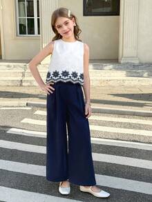 SHEIN Serisse Kids 少女蝴蝶结刺绣露背吊带背心和阔腿裤两件套休闲度假套装，藏蓝色 - 藏蓝色 - 查看 8