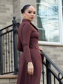 Melissa Matos Women's Standard Size Solid Color Ribbed Fitted Elegant Knit Dress, Autumn/Winter - Coffee - View 3