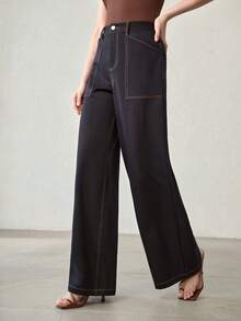 MOTF PREMIUM CONTRAST STITCH SLANT POCKET WIDE LEG JEANS - Dark Wash - View 4