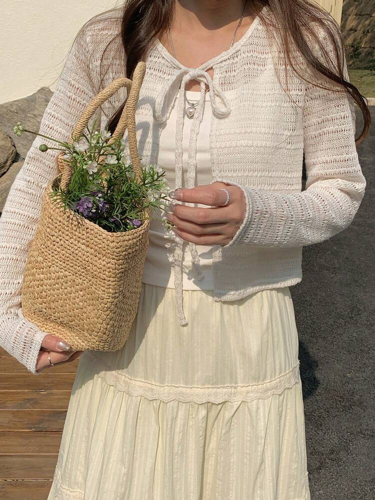 Women's Summer Vacation Front Tie Knit Long Sleeve T-Shirt