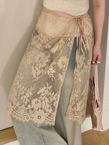 Dazy Plus Elastic Waist Lace Layered Versatile Sheer Skirt - Khaki - View 3