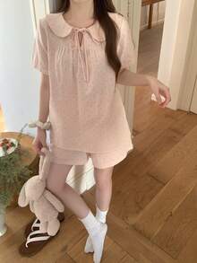 DAZY 女士可爱波点印花系领娃娃衫睡衣套装 - 粉色 - 查看 7