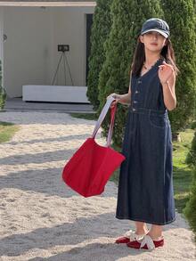 DAZY Tween Girls' V-Neck Button Half Placket Pocket Casual Sleeveless Denim Dress - Blue - View 5