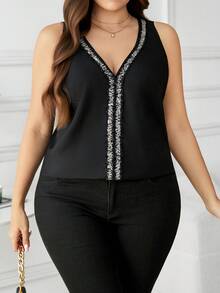 SHEIN Clasi 大码优雅拼接吊带V领吊带背心，夏季 - 黑色 - 查看 8