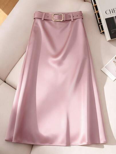 GlowEve Women's Elegant Satin Twill Shiny Waist Belt Casual Skirt
